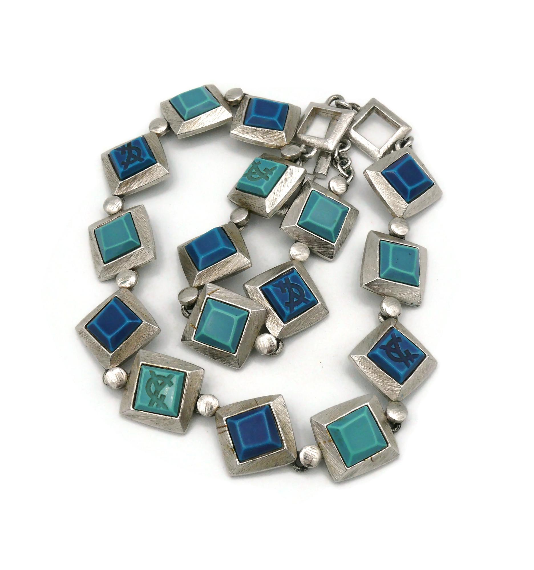 YVES SAINT LAURENT YSL Vintage Blue Resin Logo Necklace For Sale 5