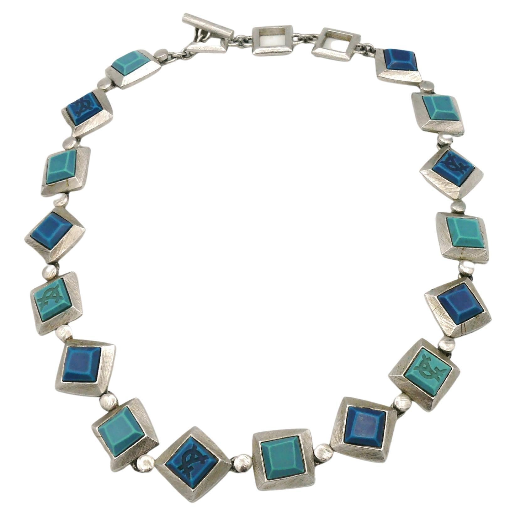 YVES SAINT LAURENT YSL Vintage Blue Resin Logo Necklace For Sale