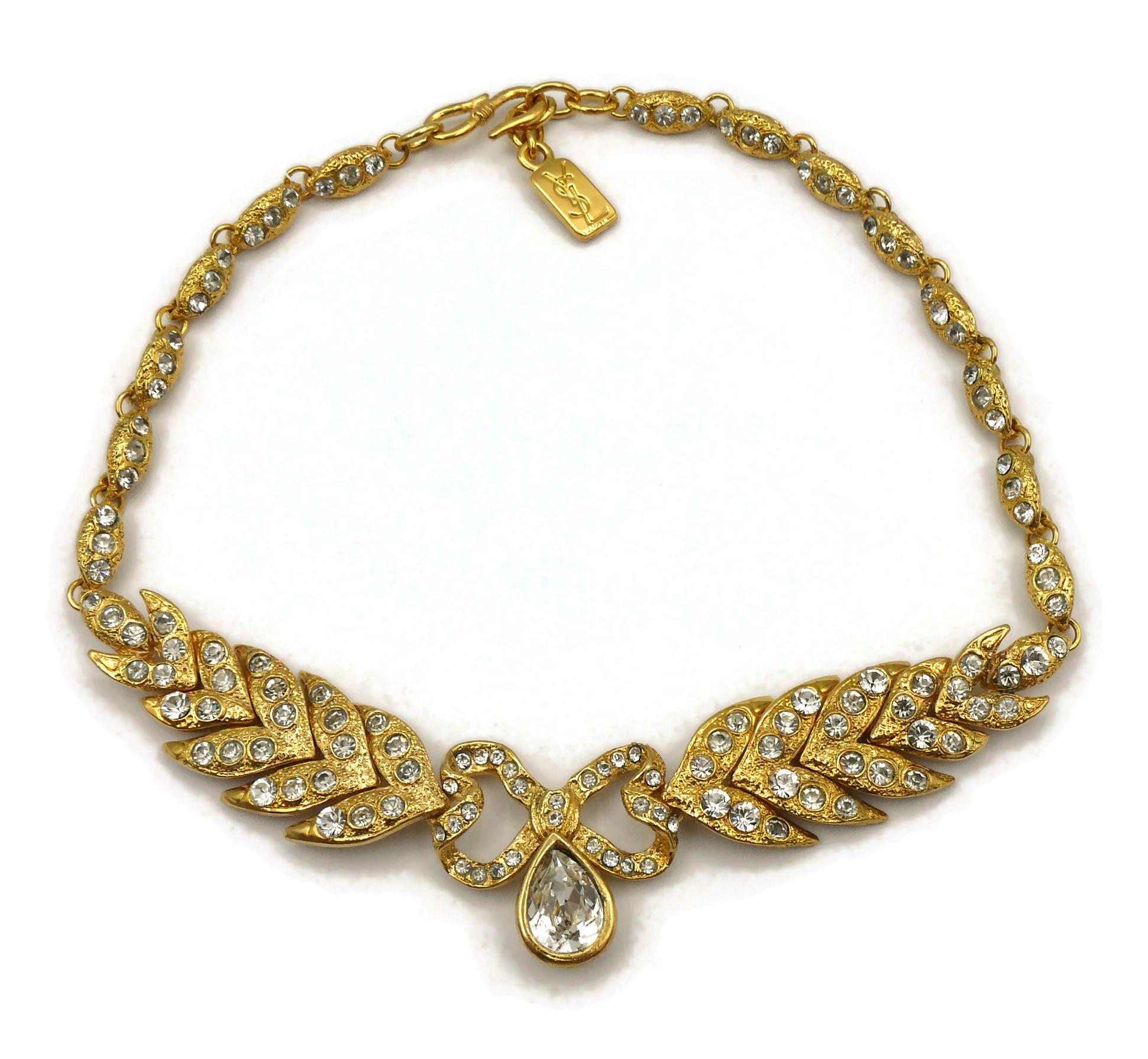 YVES SAINT LAURENT YSL Vintage Bow Leaf Crystal Necklace In Good Condition For Sale In Nice, FR