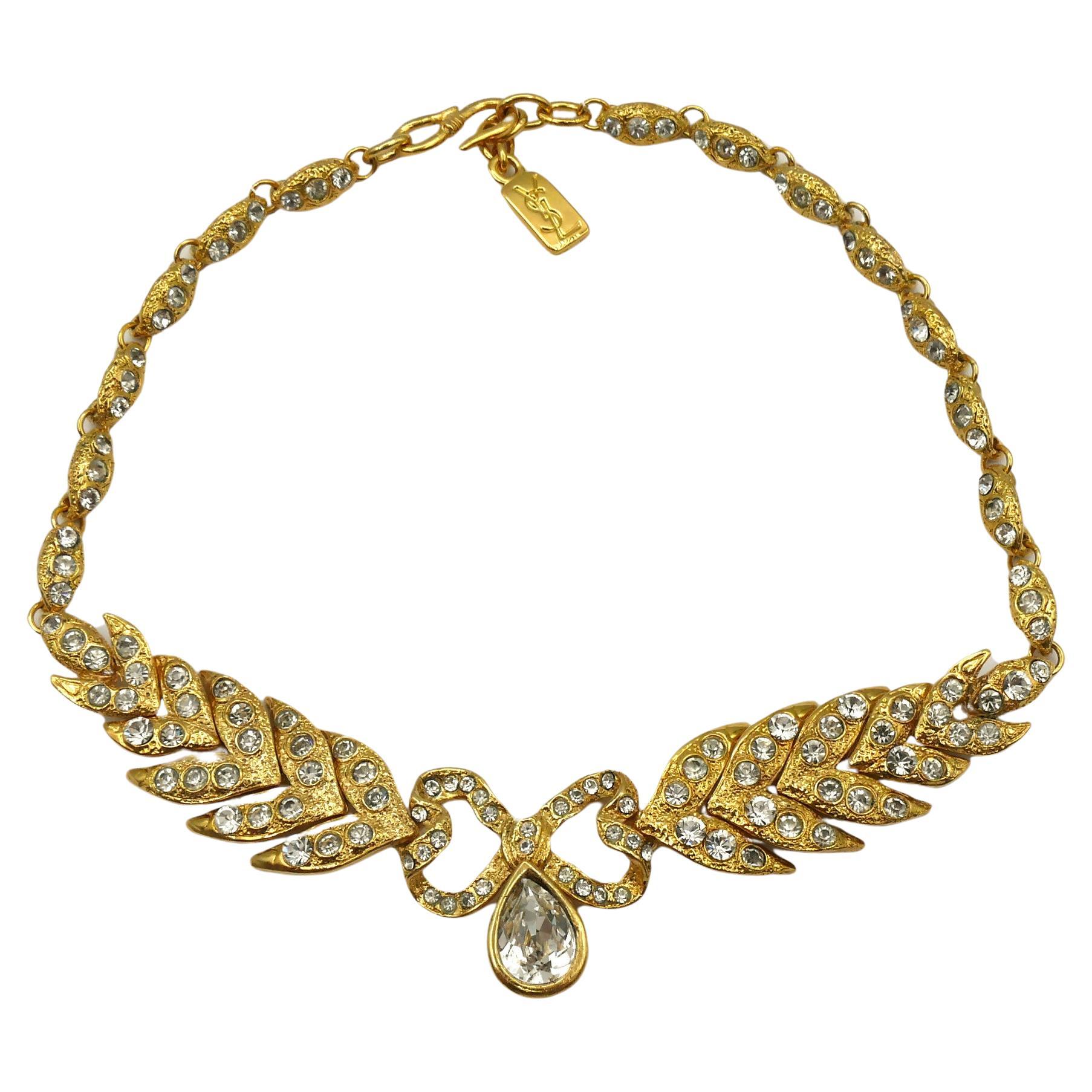 YVES SAINT LAURENT YSL Vintage Bow Leaf Crystal Necklace For Sale