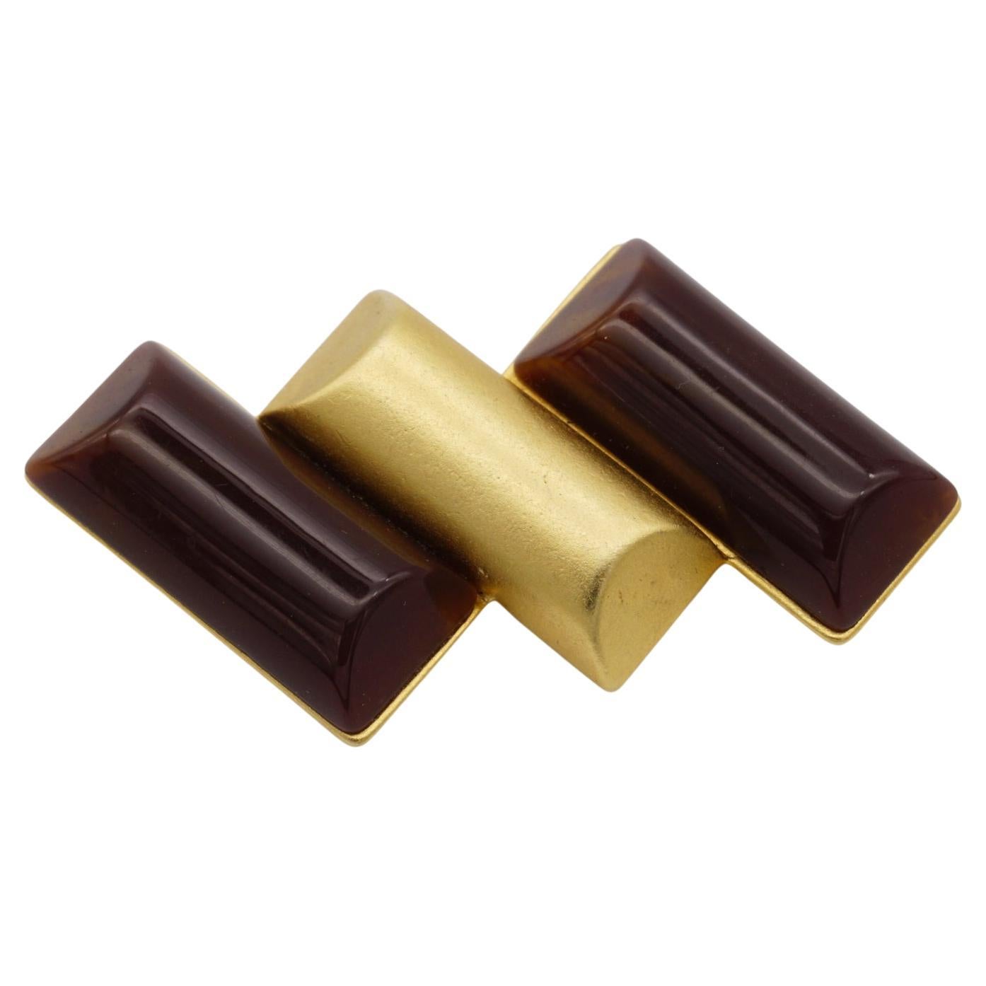 Yves Saint Laurent YSL Vintage Burgund Gold Cabochon Trio Bar Rectangle Brosche im Angebot