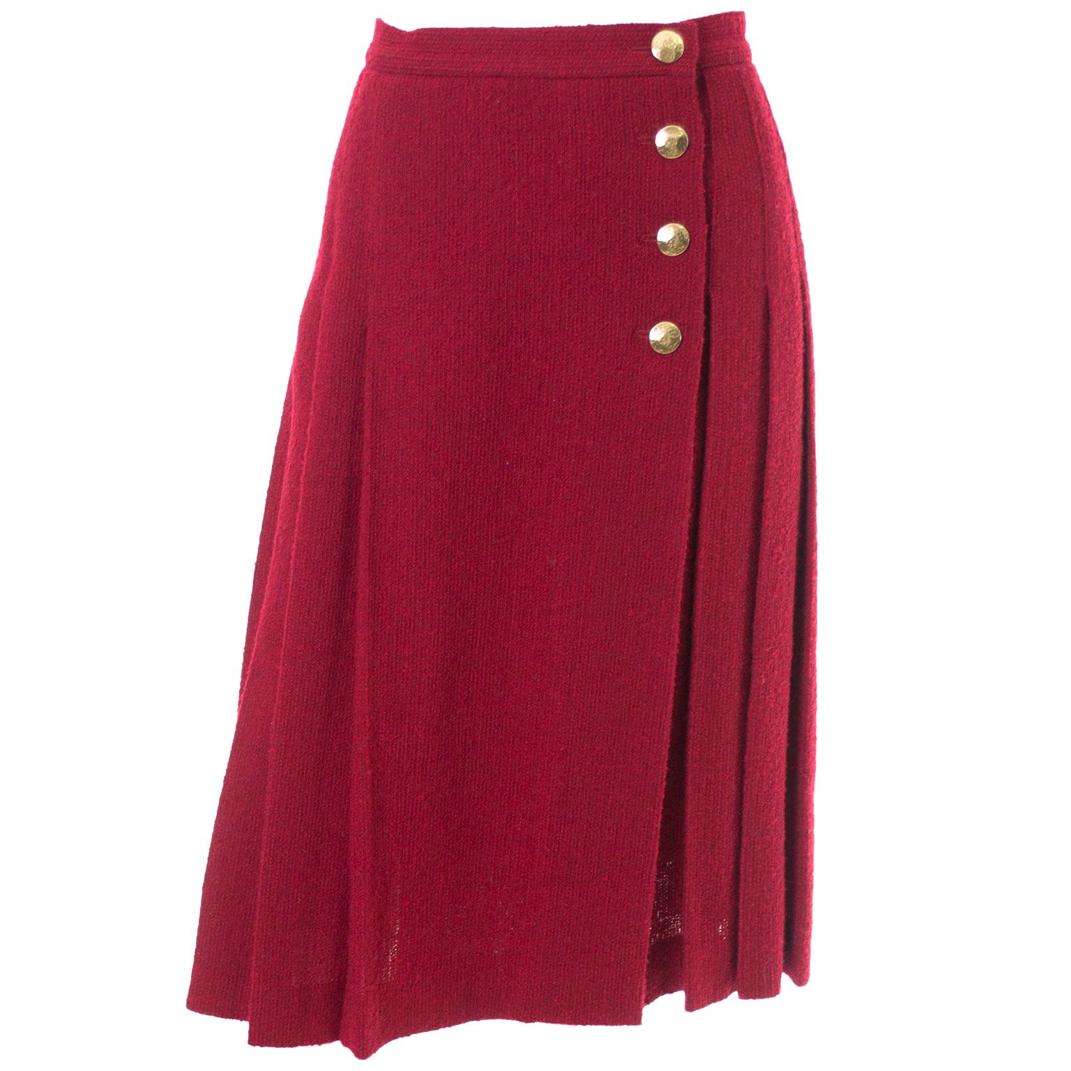 Yves Saint Laurent YSL Vintage Burgundy Red Boucle Wool Pleated 1990s Skirt