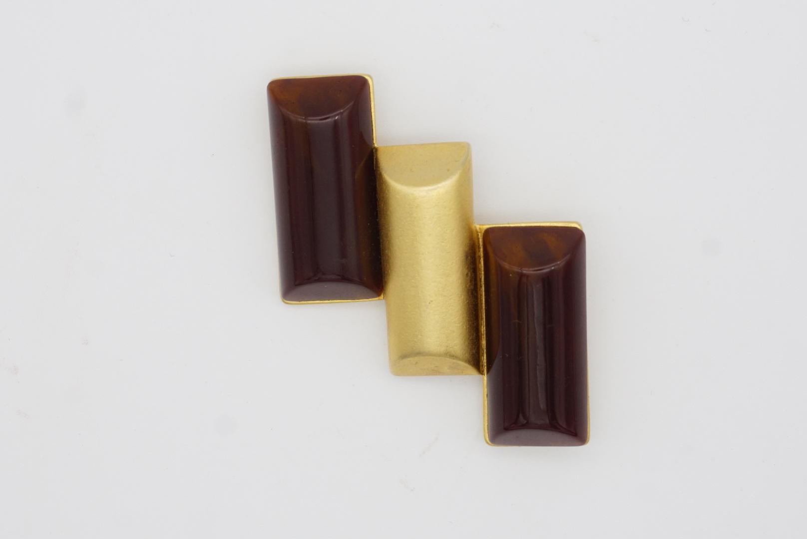 Yves Saint Laurent YSL Vintage Cabochon Trio Bar Rectangle Burgundy Gold Brooch 5