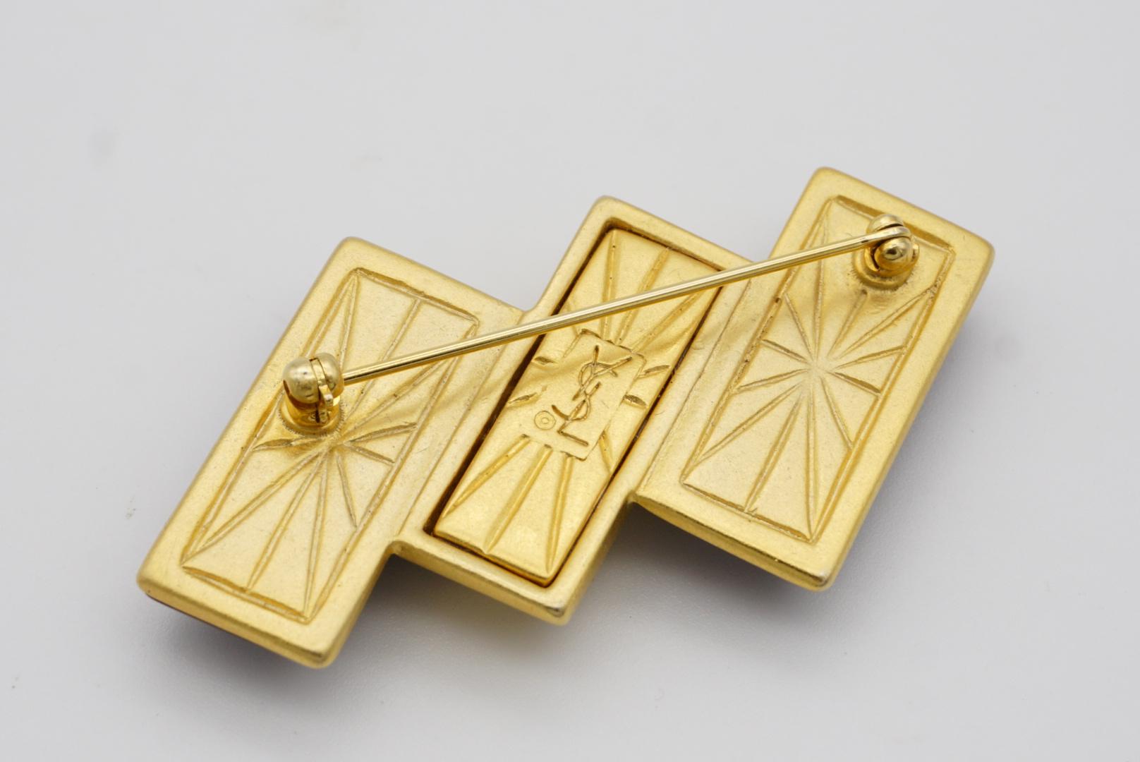 Yves Saint Laurent YSL Vintage Cabochon Trio Bar Rectangle Burgundy Gold Brooch 6