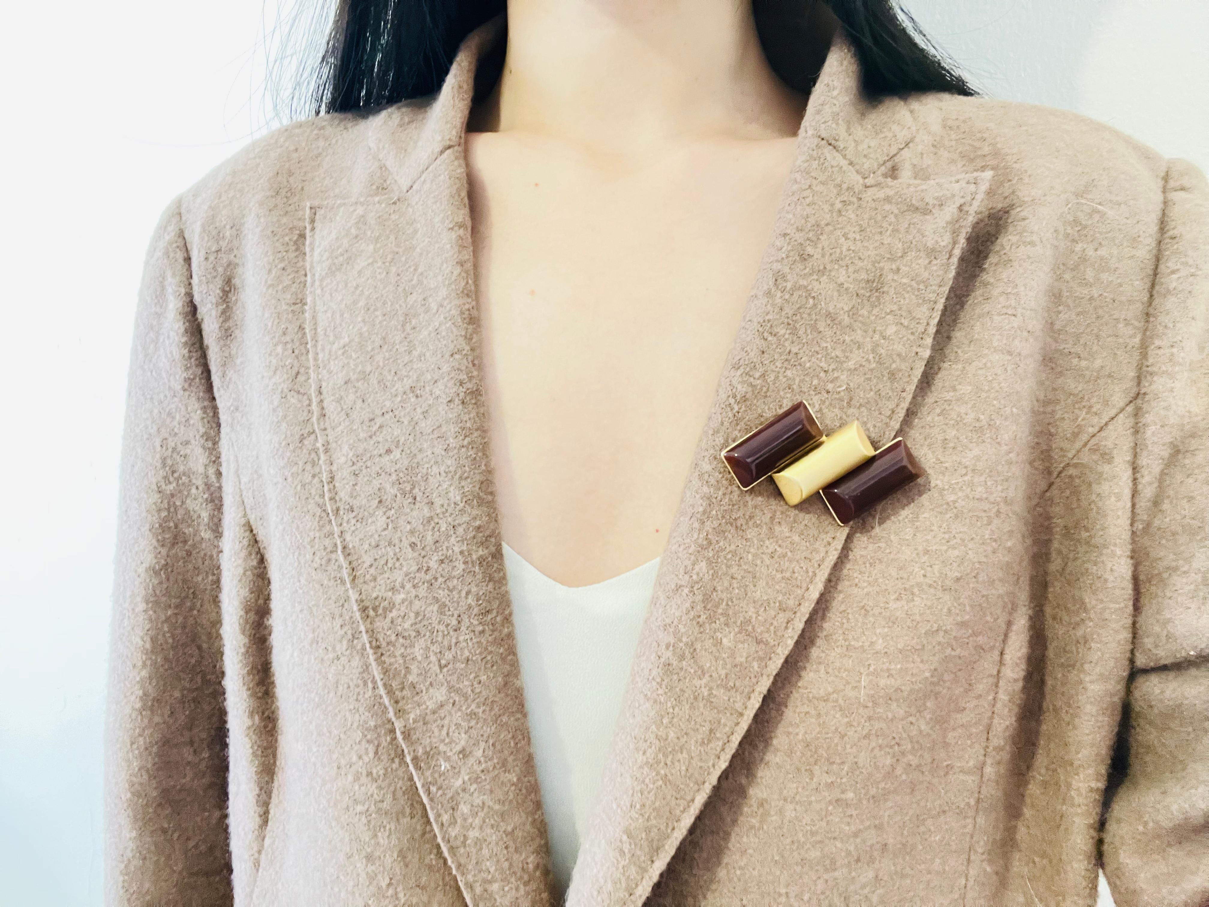 Yves Saint Laurent YSL Vintage Cabochon Trio Bar Rectangle Burgundy Gold Brooch In Excellent Condition In Wokingham, England