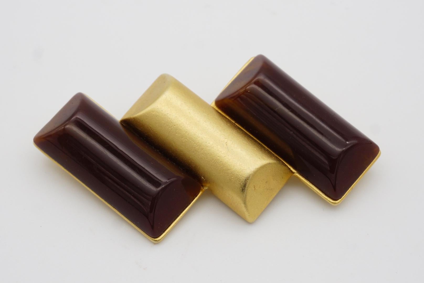 Yves Saint Laurent YSL Vintage Cabochon Trio Bar Rectangle Burgundy Gold Brooch 1