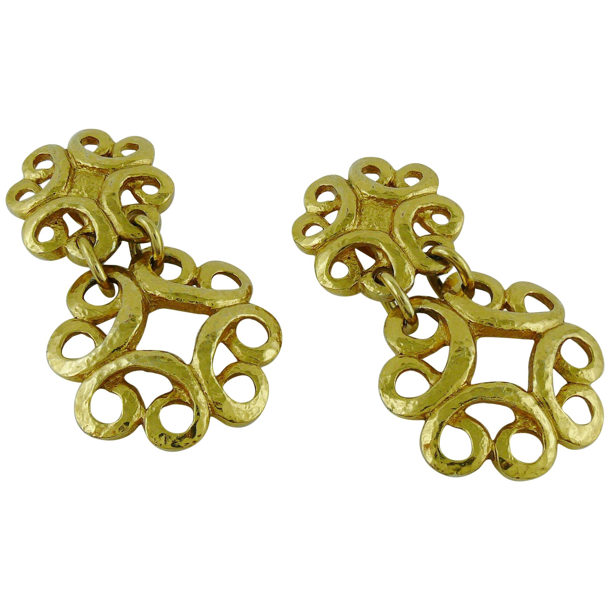 Yves Saint Laurent YSL Vintage Chunky Gold Toned Swirl Dangling Earrings