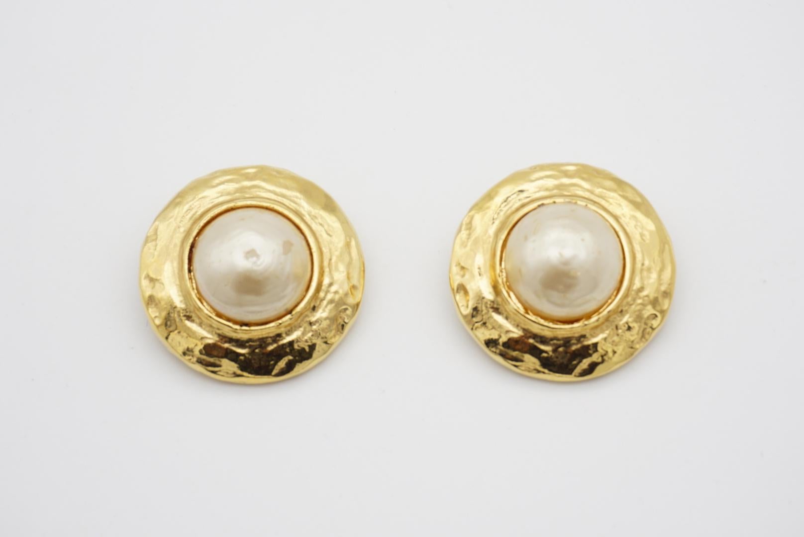 Art Nouveau Yves Saint Laurent YSL Vintage Chunky Large White Pearl Gold Disc Round Earrings