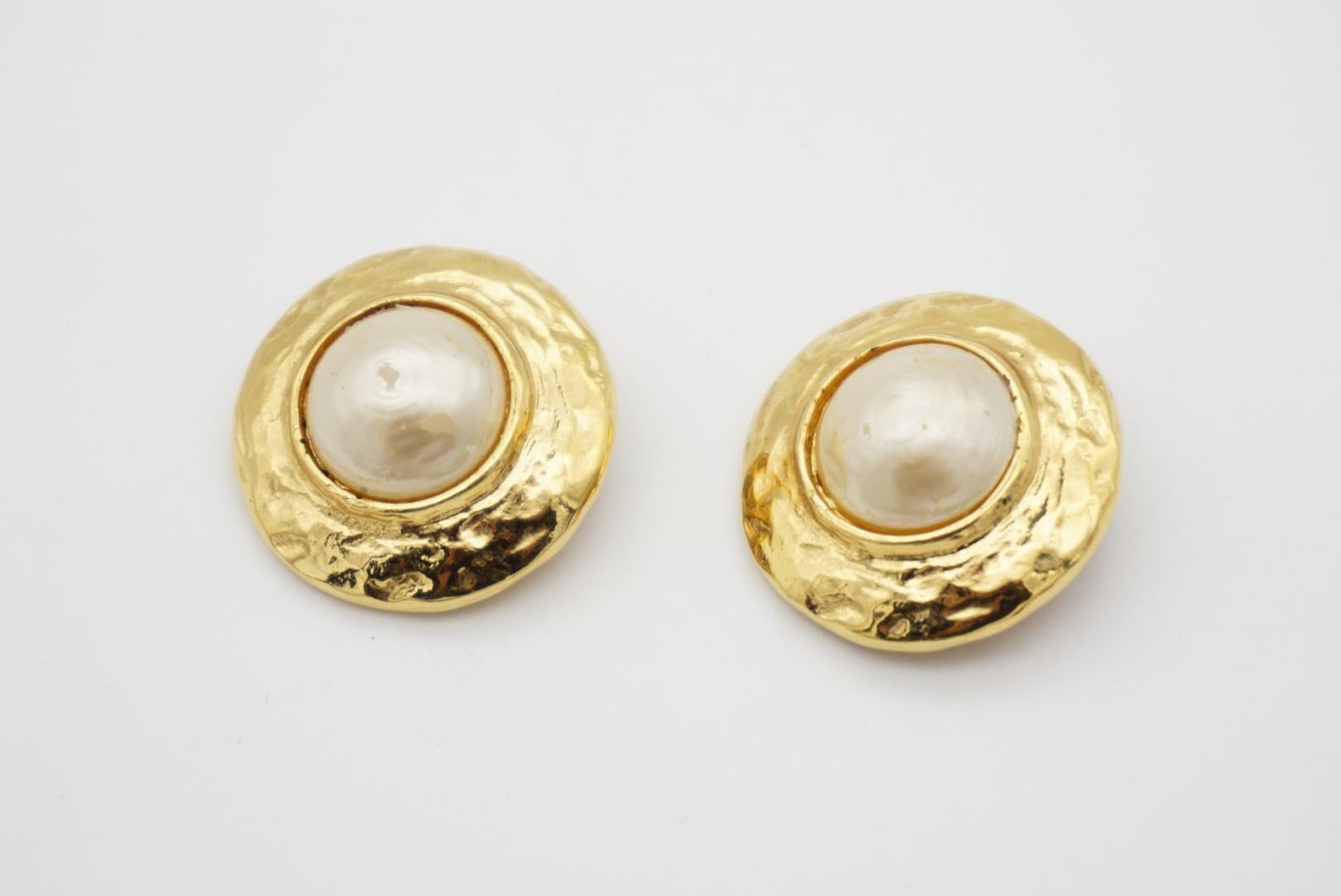 Women's or Men's Yves Saint Laurent YSL Vintage Chunky Large White Pearl Gold Disc Round Earrings