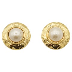 Yves Saint Laurent YSL Vintage Chunky Large White Pearl Gold Disc Round Earrings