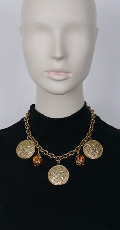 Yves Saint Laurent YSL Vintage Coin Charms Orange Resin Drops Necklace