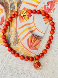 Yves Saint Laurent Collier Vintage Corail Rouge Or Orange Perles Cabochons Yves Saint Laurent