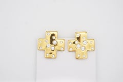 Yves Saint Laurent YSL Vintage Cross Shining Crystals Glow Chunky Gold Earrings