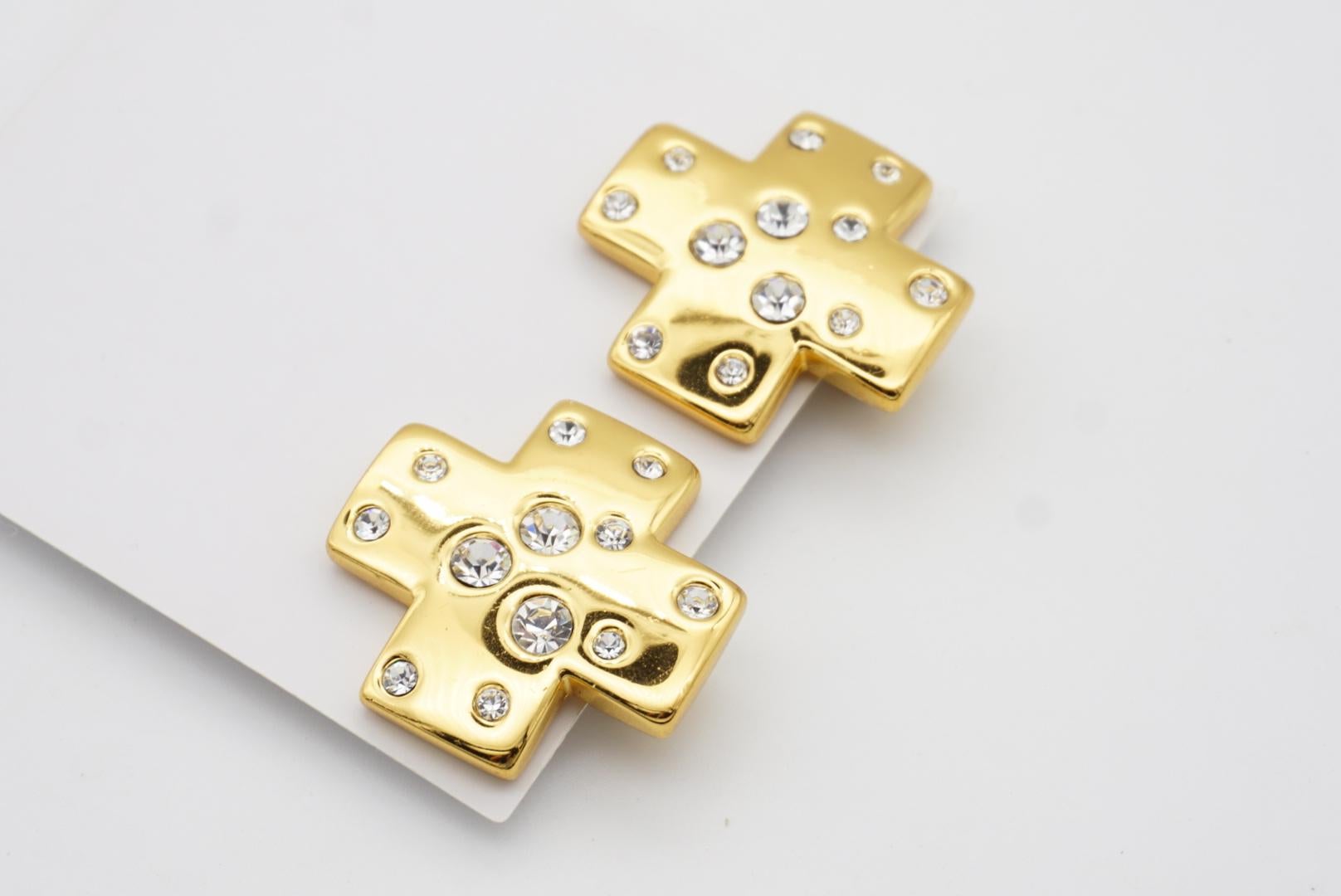 Yves Saint Laurent YSL Vintage Cross Shining Kristalle Glow Chunky Gold Ohrringe im Angebot 1