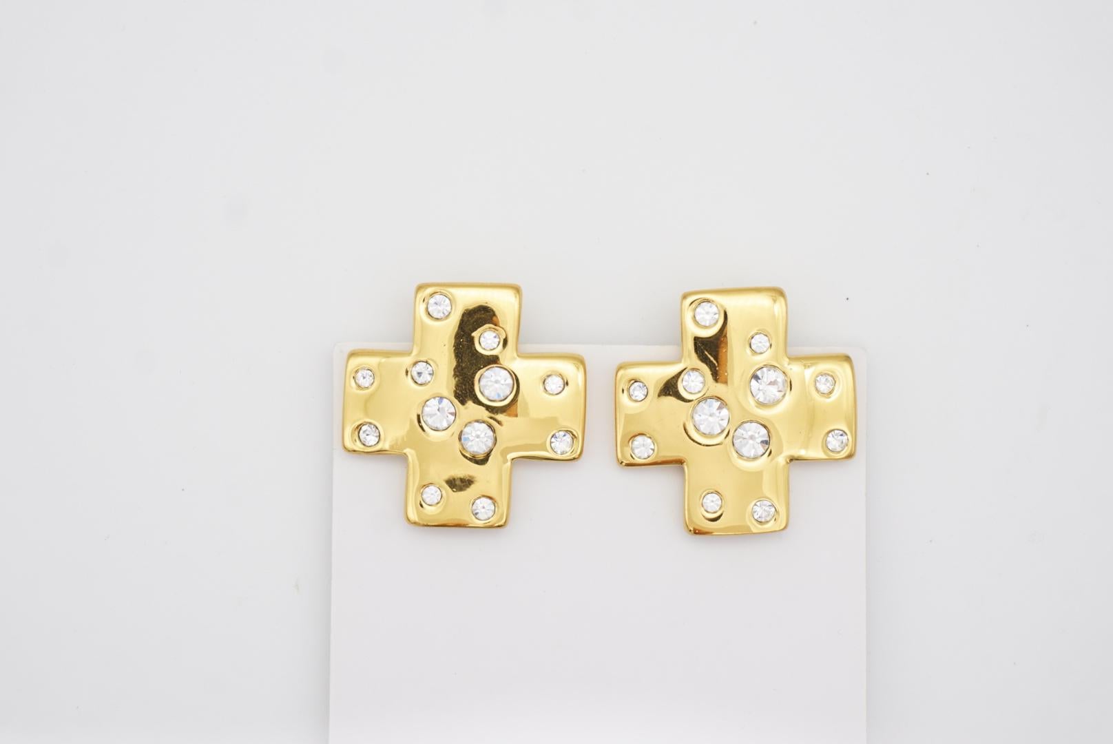 Yves Saint Laurent YSL Vintage Cross Shining Kristalle Glow Chunky Gold Ohrringe im Angebot 2