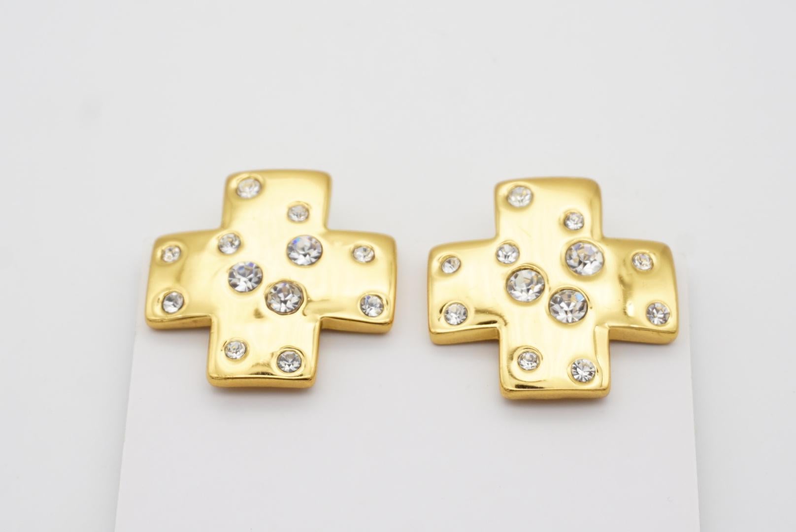 Yves Saint Laurent YSL Vintage Cross Shining Crystals Glow Chunky Gold Earrings For Sale 3