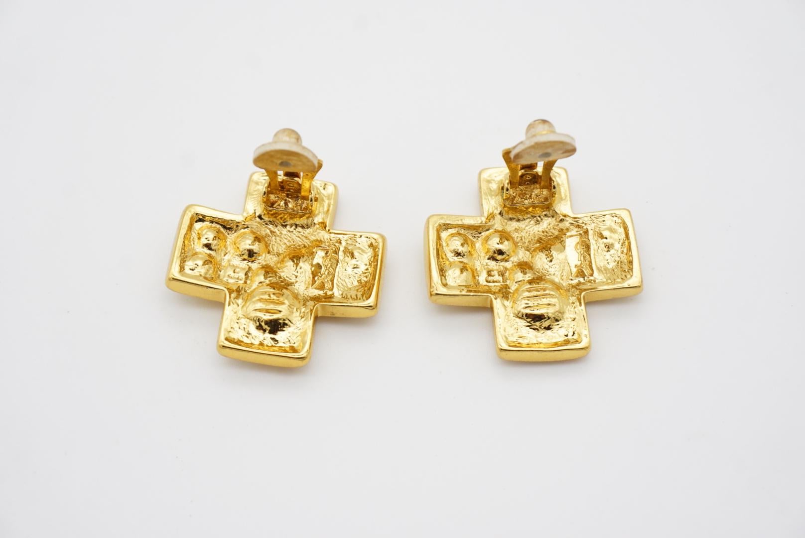 Yves Saint Laurent YSL Vintage Cross Shining Crystals Glow Chunky Gold Earrings For Sale 4