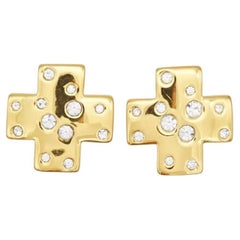 Yves Saint Laurent YSL Vintage Cross Shining Crystals Glow Chunky Gold Earrings