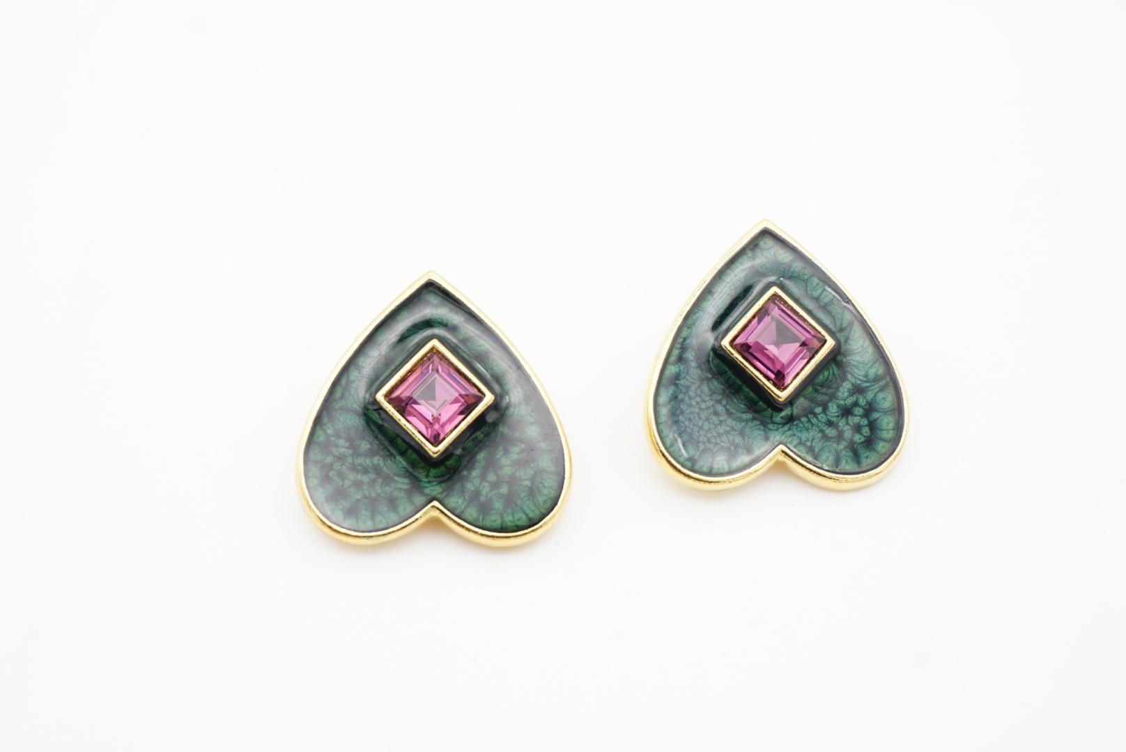 Yves Saint Laurent YSL Vintage Dark Green Heart Amethyst Cube Clip Earrings 5