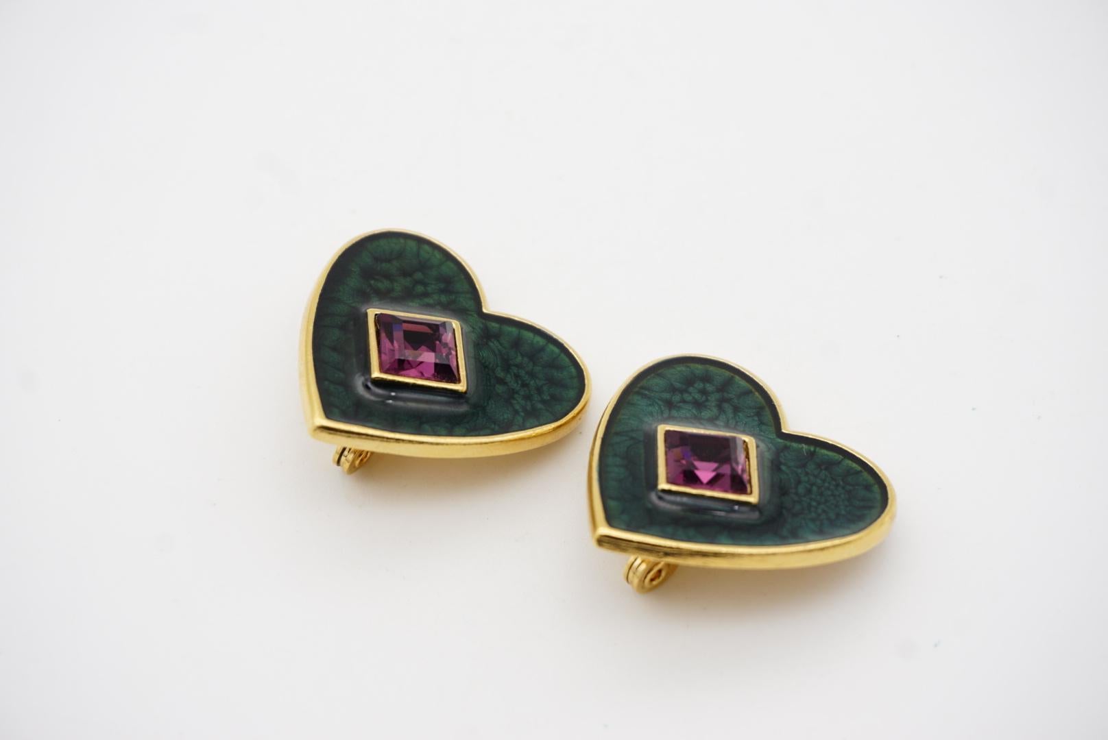 Yves Saint Laurent YSL Vintage Dark Green Heart Amethyst Cube Clip Earrings 6
