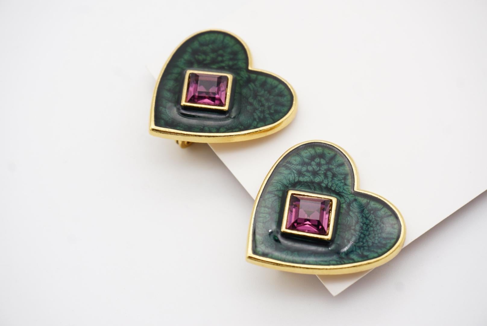 Yves Saint Laurent YSL Vintage Dark Green Heart Amethyst Cube Clip Earrings 7