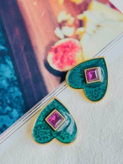 Yves Saint Laurent YSL Vintage Dark Green Heart Amethyst Cube Clip Earrings