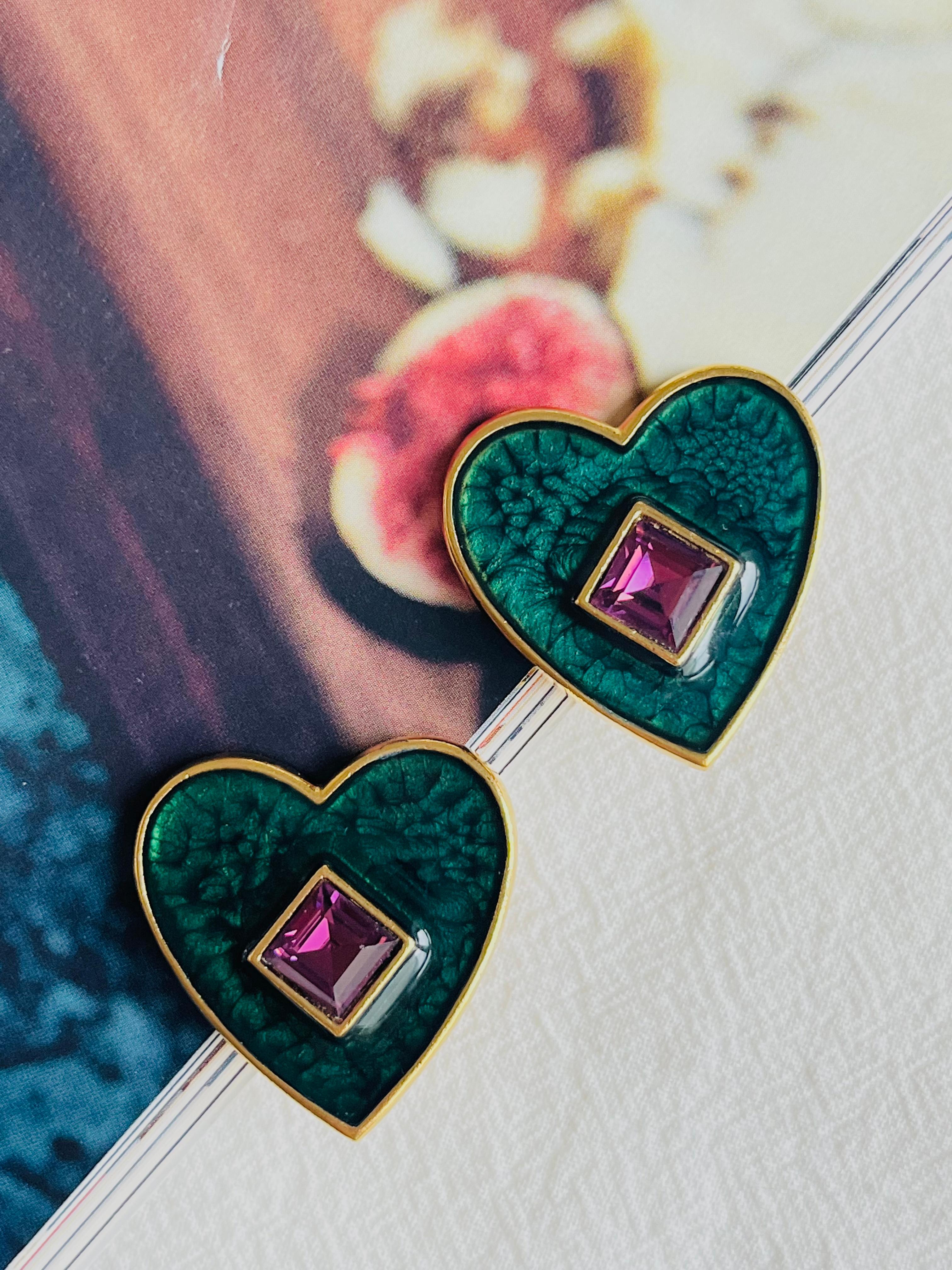 Art Nouveau Yves Saint Laurent YSL Vintage Dark Green Heart Amethyst Cube Clip Earrings For Sale