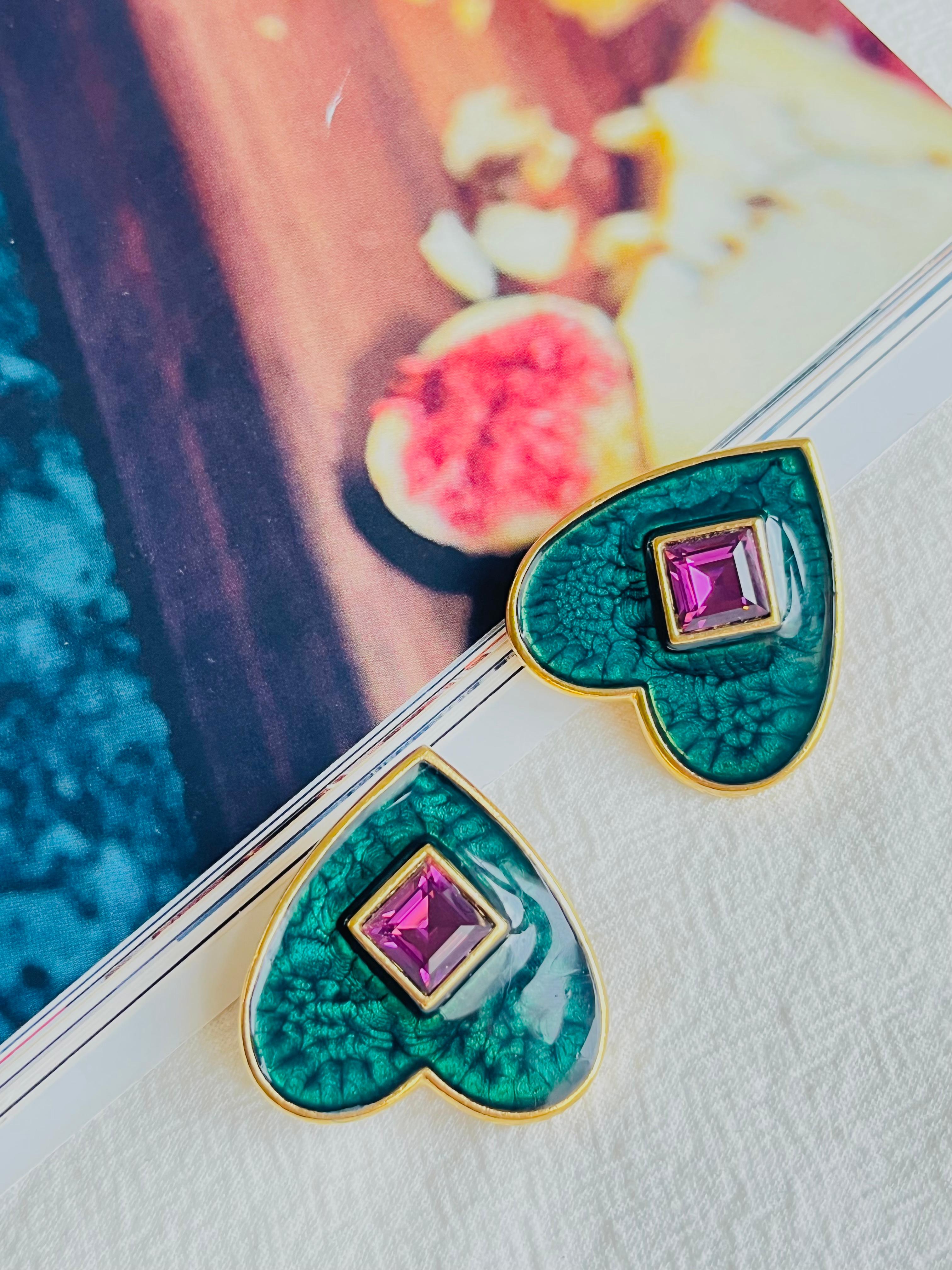 Art Deco Yves Saint Laurent YSL Vintage Dark Green Heart Amethyst Cube Clip Earrings