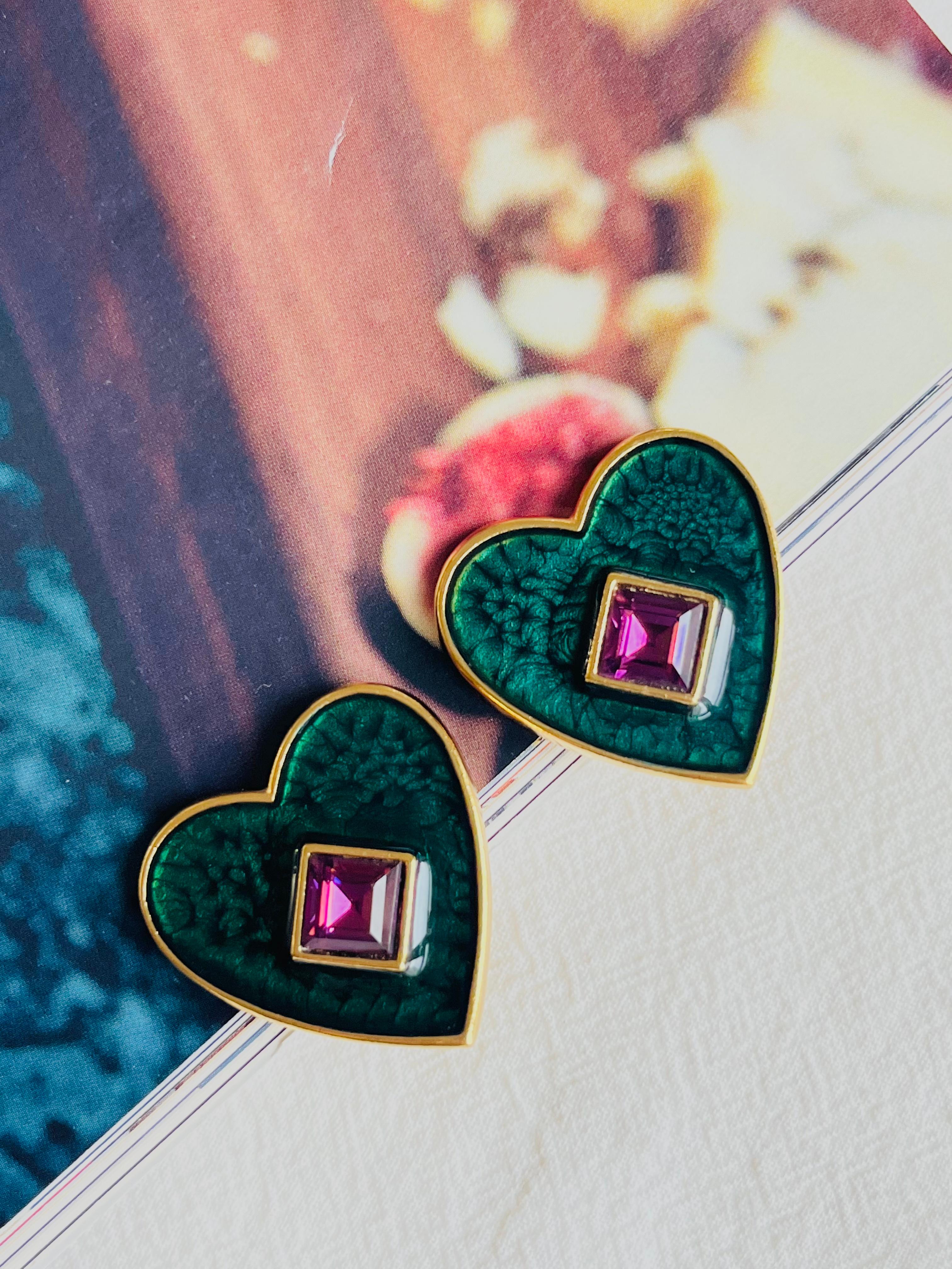 Yves Saint Laurent YSL Vintage Dark Green Heart Amethyst Cube Clip Earrings In Excellent Condition For Sale In Wokingham, England