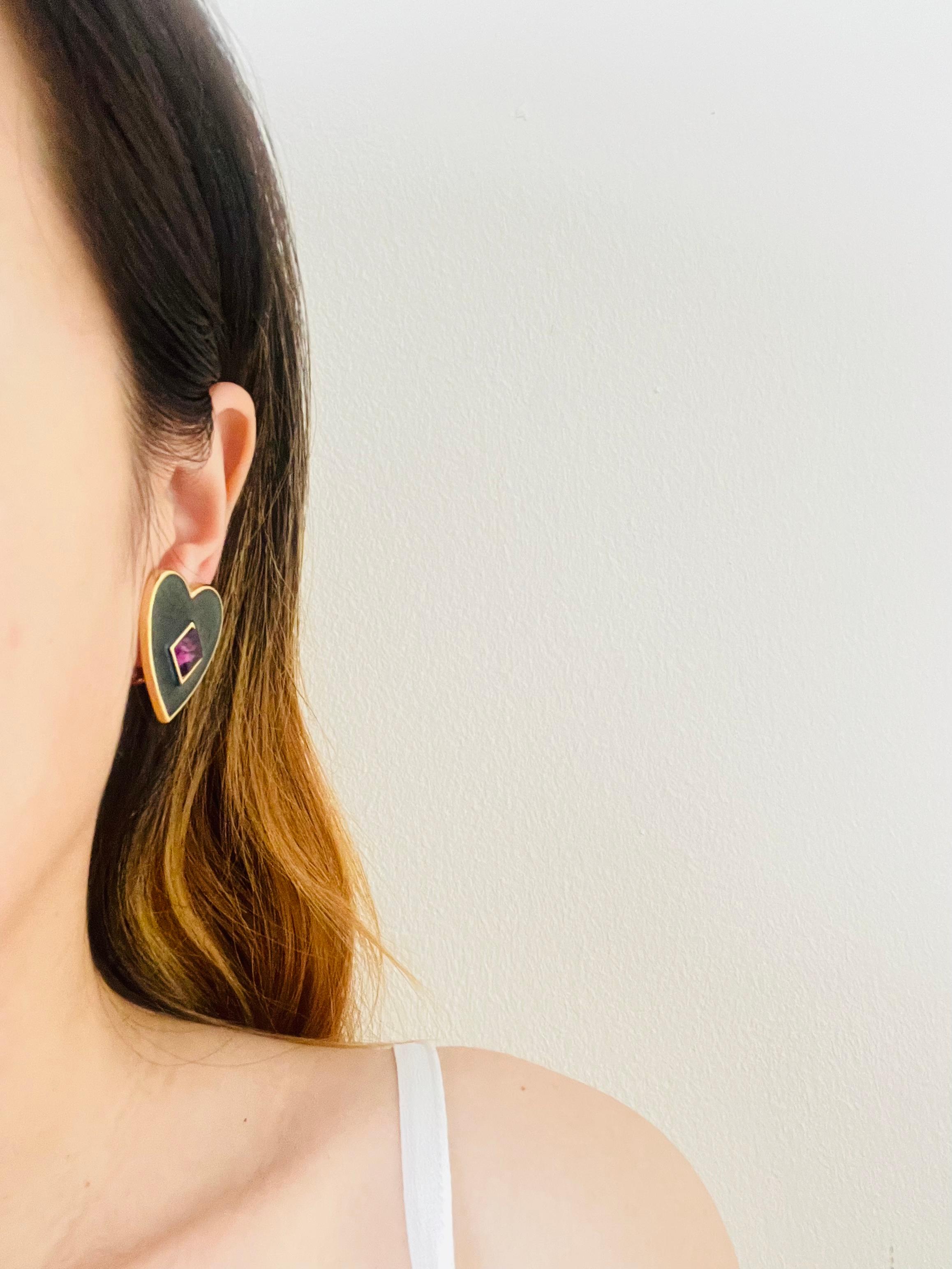 Yves Saint Laurent YSL Vintage Dark Green Heart Amethyst Cube Clip Earrings For Sale 1