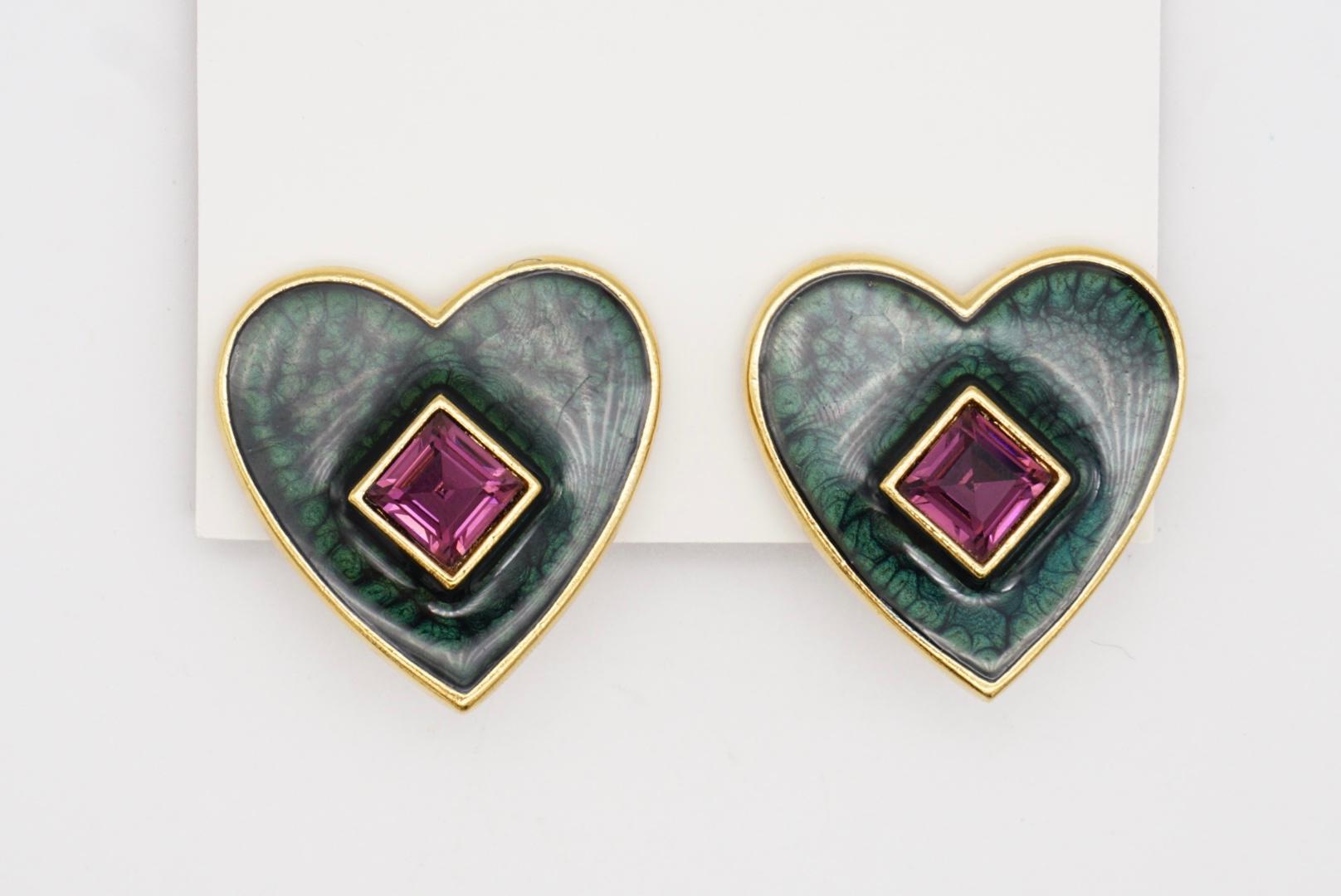Yves Saint Laurent YSL Vintage Dark Green Heart Amethyst Cube Clip Earrings For Sale 3