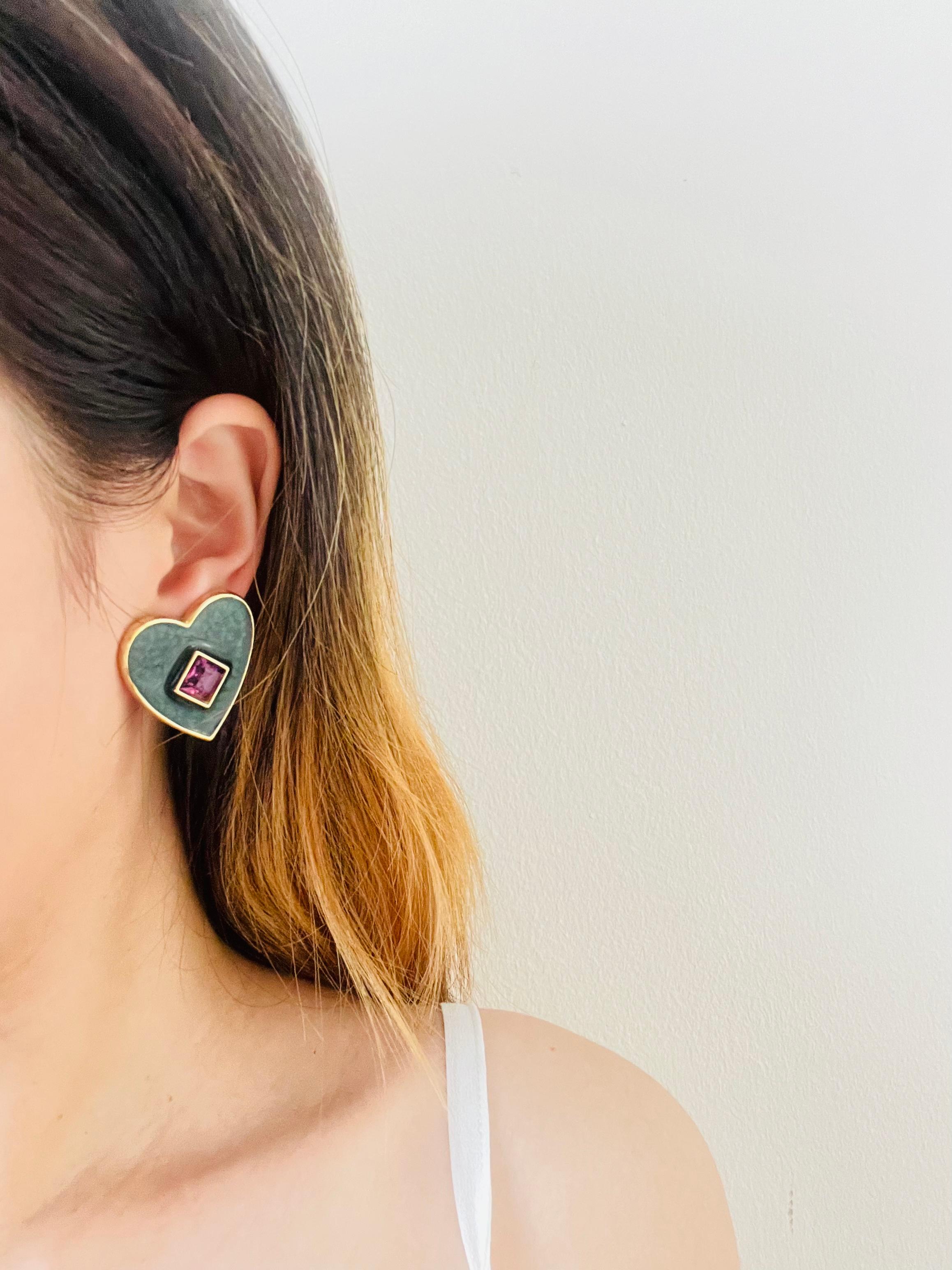 Yves Saint Laurent YSL Vintage Dark Green Heart Amethyst Cube Clip Earrings For Sale 3