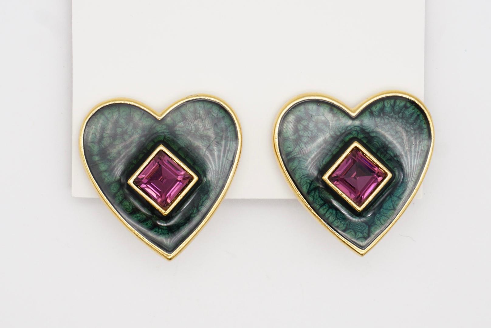 Yves Saint Laurent YSL Vintage Dark Green Heart Amethyst Cube Clip Earrings 4