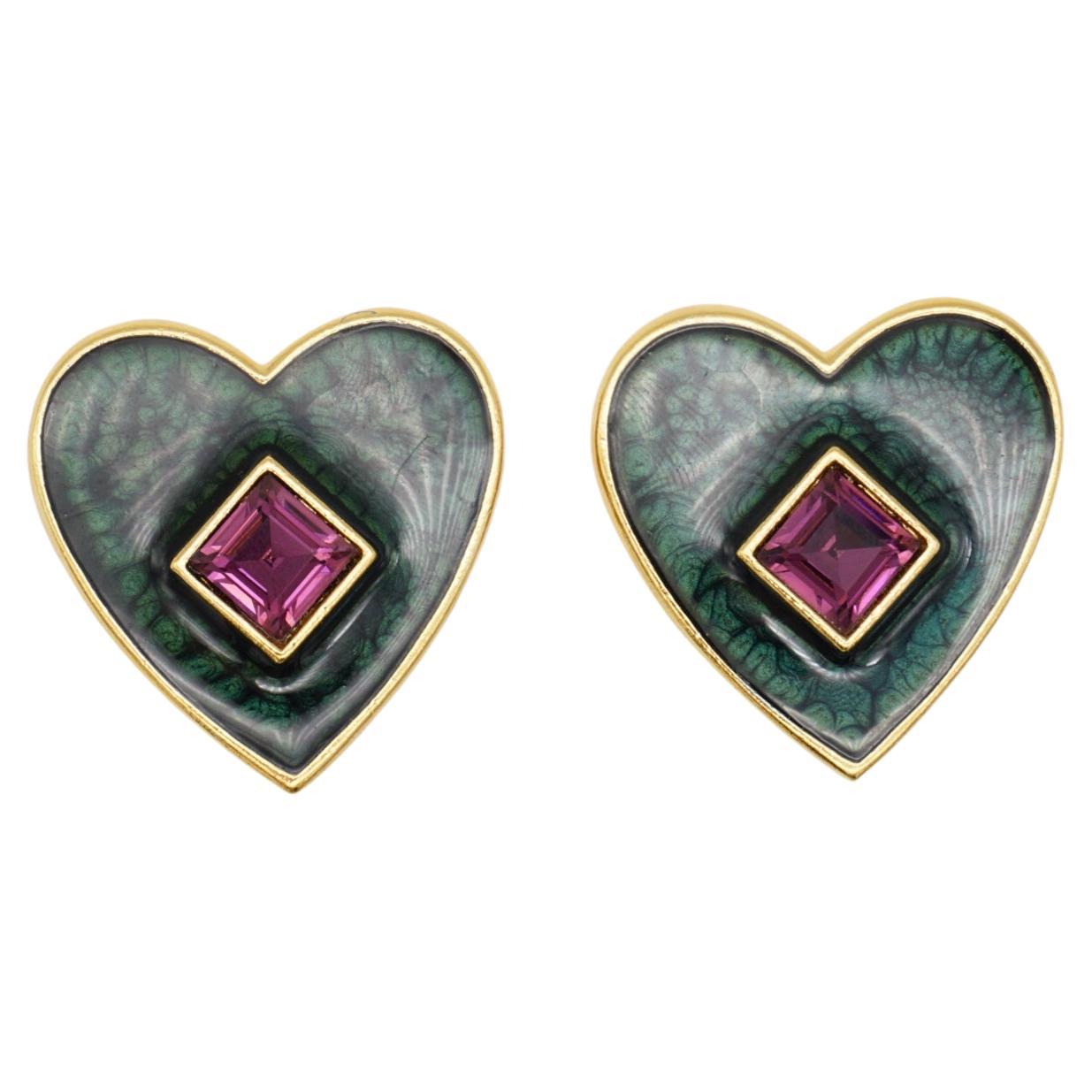 Yves Saint Laurent YSL Vintage Dark Green Heart Amethyst Cube Clip Earrings For Sale