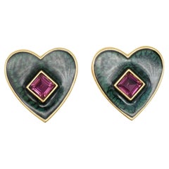 Yves Saint Laurent YSL Vintage Dark Green Heart Amethyst Cube Clip Earrings