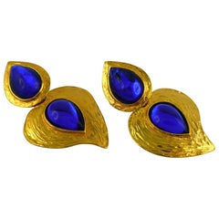 Yves Saint Laurent YSL Vintage Deep Blue Glass Heart Dangling Earrings