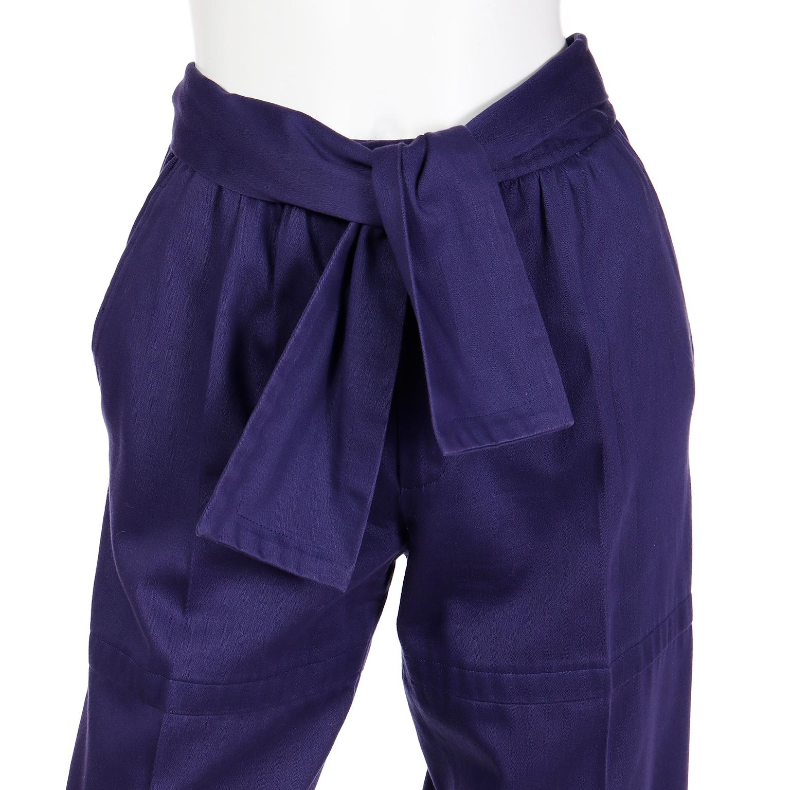 Yves Saint Laurent YSL Vintage Deep Purple Cotton Trousers W Self Tie Sash Belt In Excellent Condition For Sale In Portland, OR