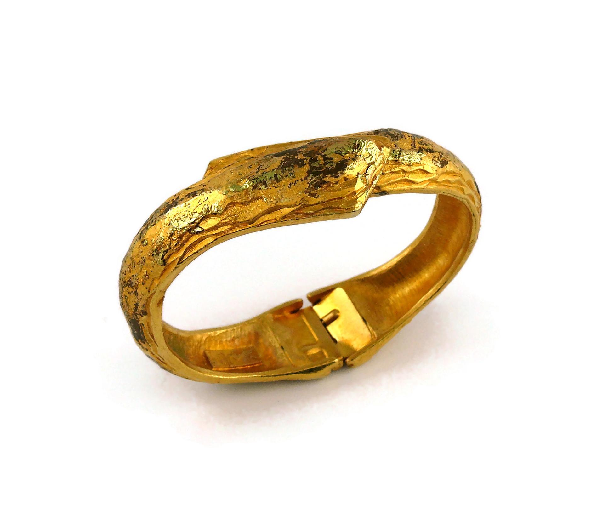 Yves Saint Laurent YSL Vintage Distressed Gold Toned Clamper Bracelet 1