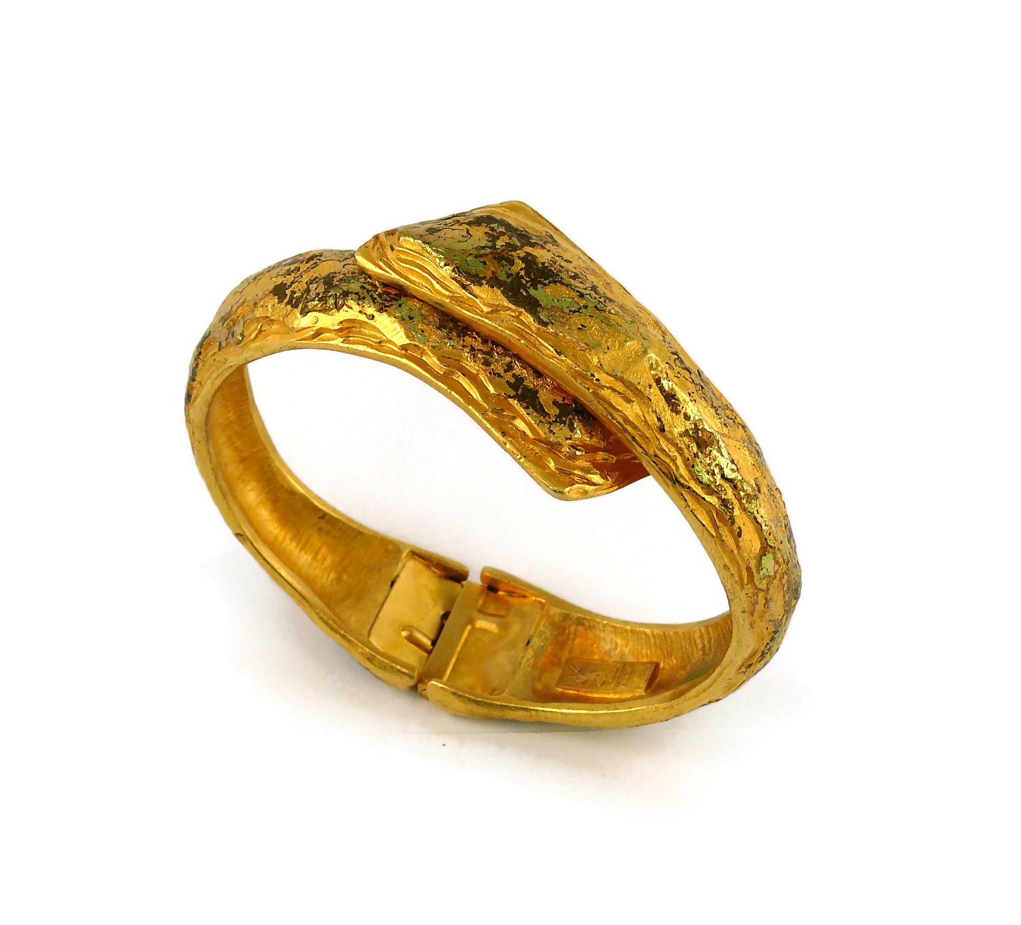 Yves Saint Laurent YSL Vintage Distressed Gold Toned Clamper Bracelet 2