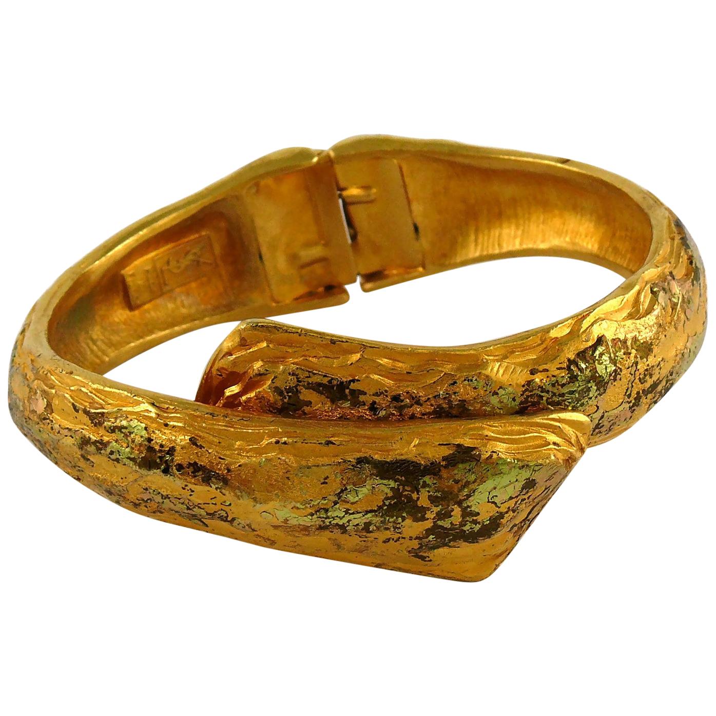 Yves Saint Laurent YSL Vintage Distressed Gold Toned Clamper Bracelet