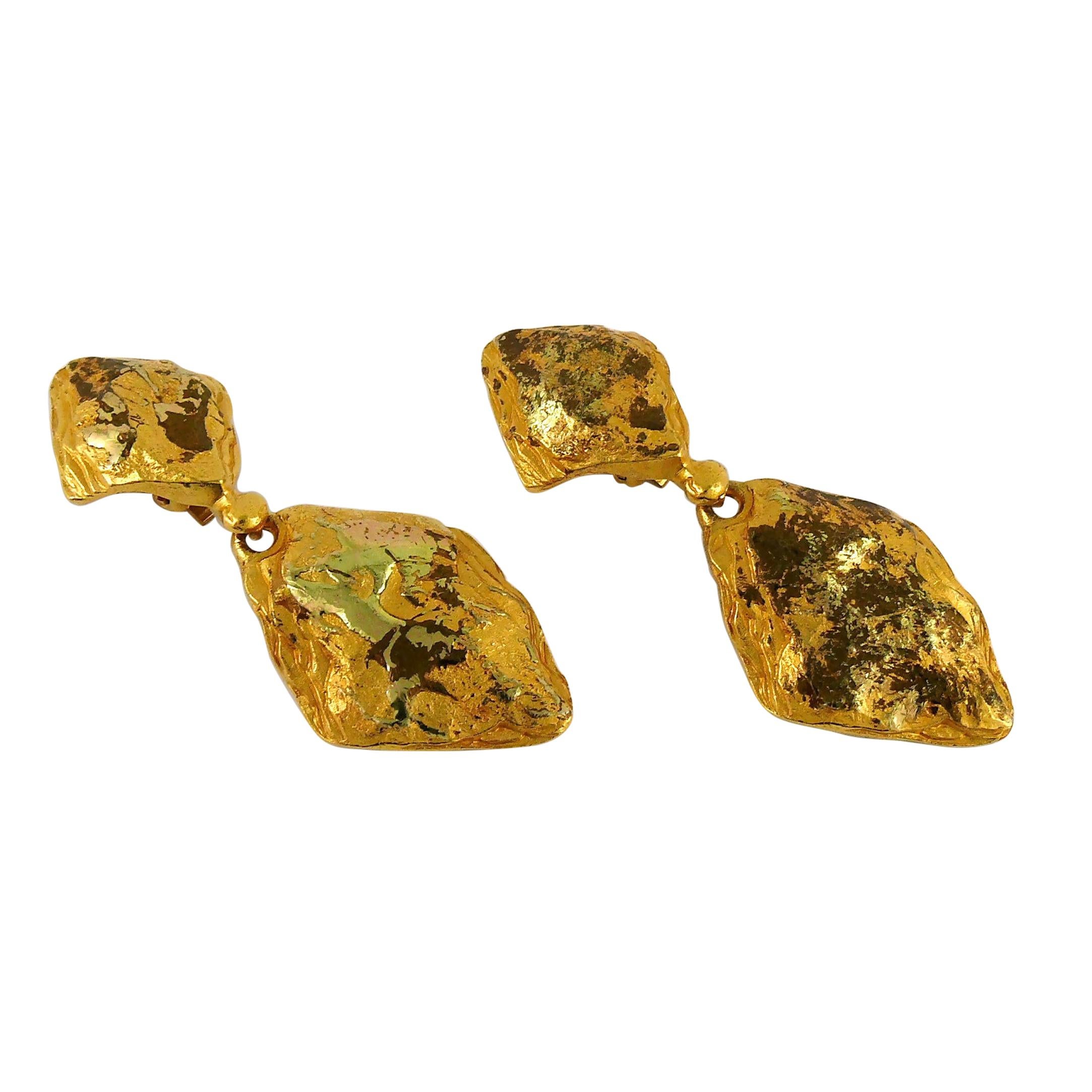 Yves Saint Laurent YSL Vintage Distressed Gold Toned Dangling Earrings