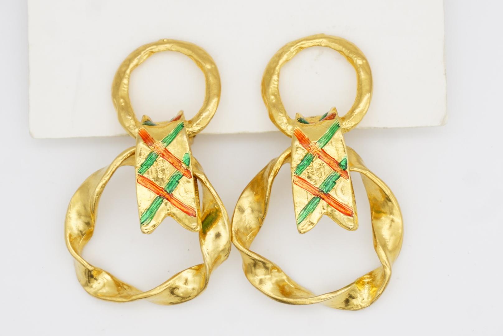 Yves Saint Laurent YSL Vintage Pendientes de aro con doble círculo verde y lazo rojo en venta 5