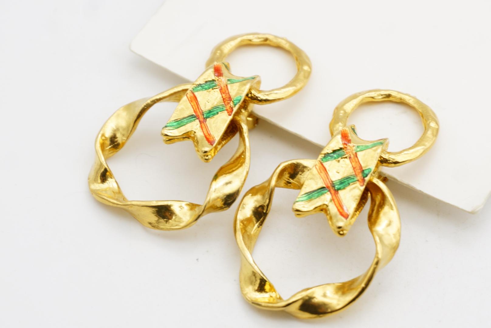 Yves Saint Laurent YSL Vintage Pendientes de aro con doble círculo verde y lazo rojo en venta 6