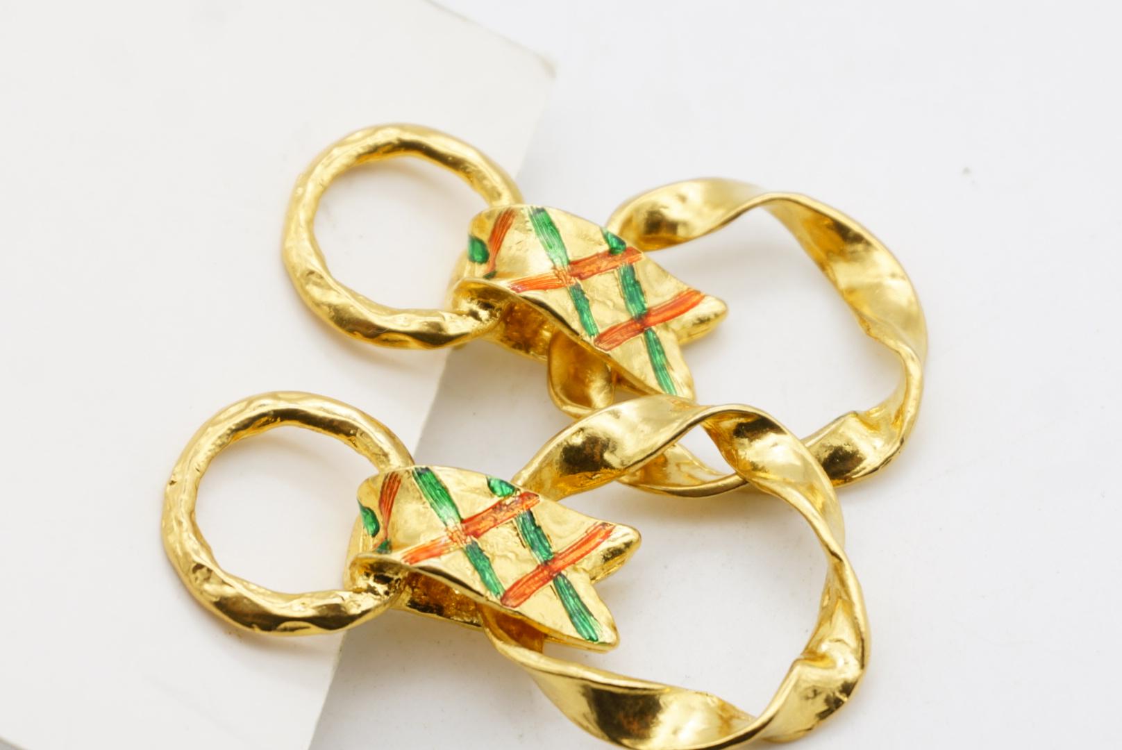 Yves Saint Laurent YSL Vintage Pendientes de aro con doble círculo verde y lazo rojo en venta 7