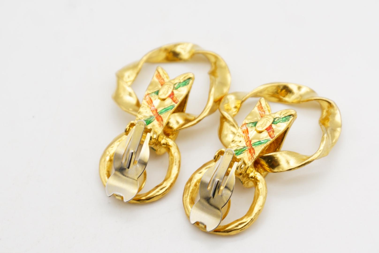 Yves Saint Laurent YSL Vintage Pendientes de aro con doble círculo verde y lazo rojo en venta 9