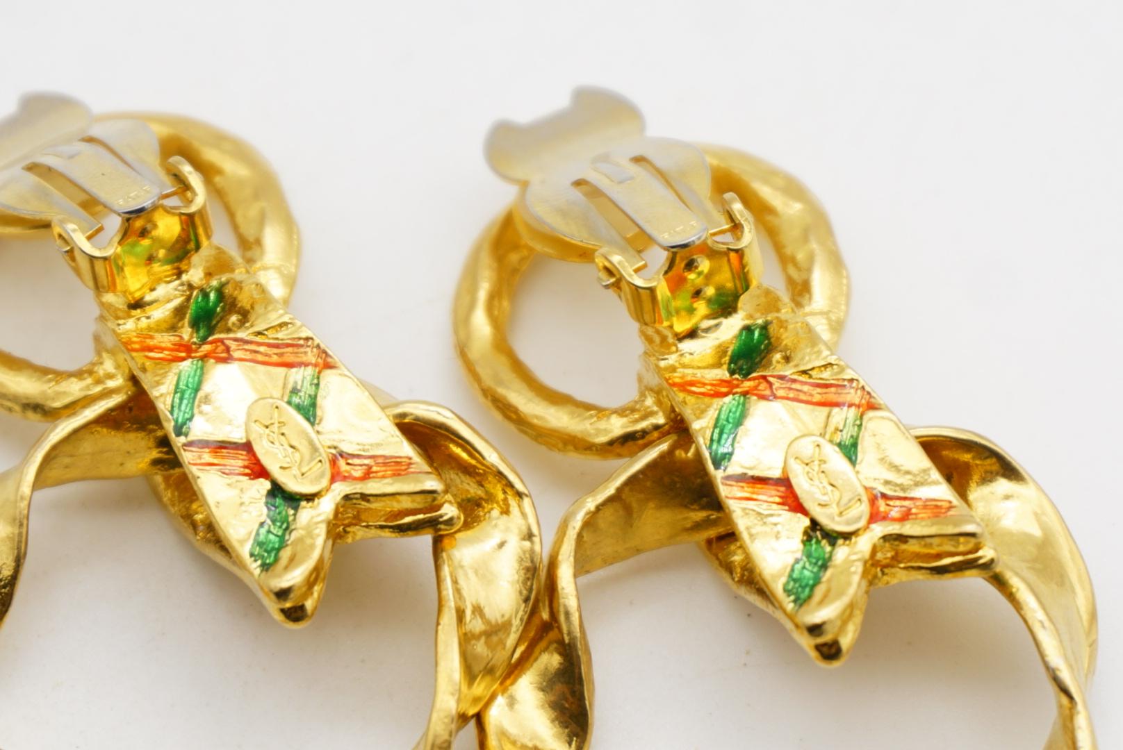 Yves Saint Laurent YSL Vintage Pendientes de aro con doble círculo verde y lazo rojo en venta 11