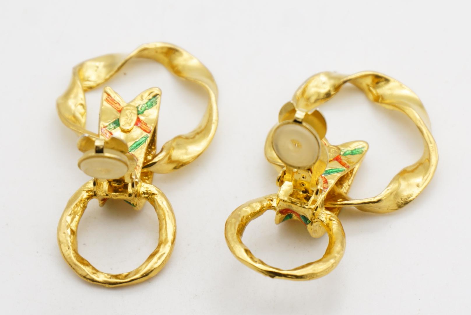 Yves Saint Laurent YSL Vintage Pendientes de aro con doble círculo verde y lazo rojo en venta 12