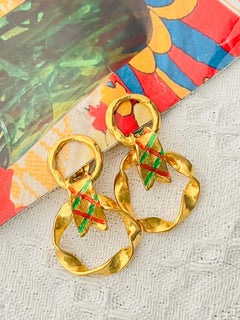 Yves Saint Laurent YSL Vintage Double Circle Green Red Ribbon Hoop Drop Earrings