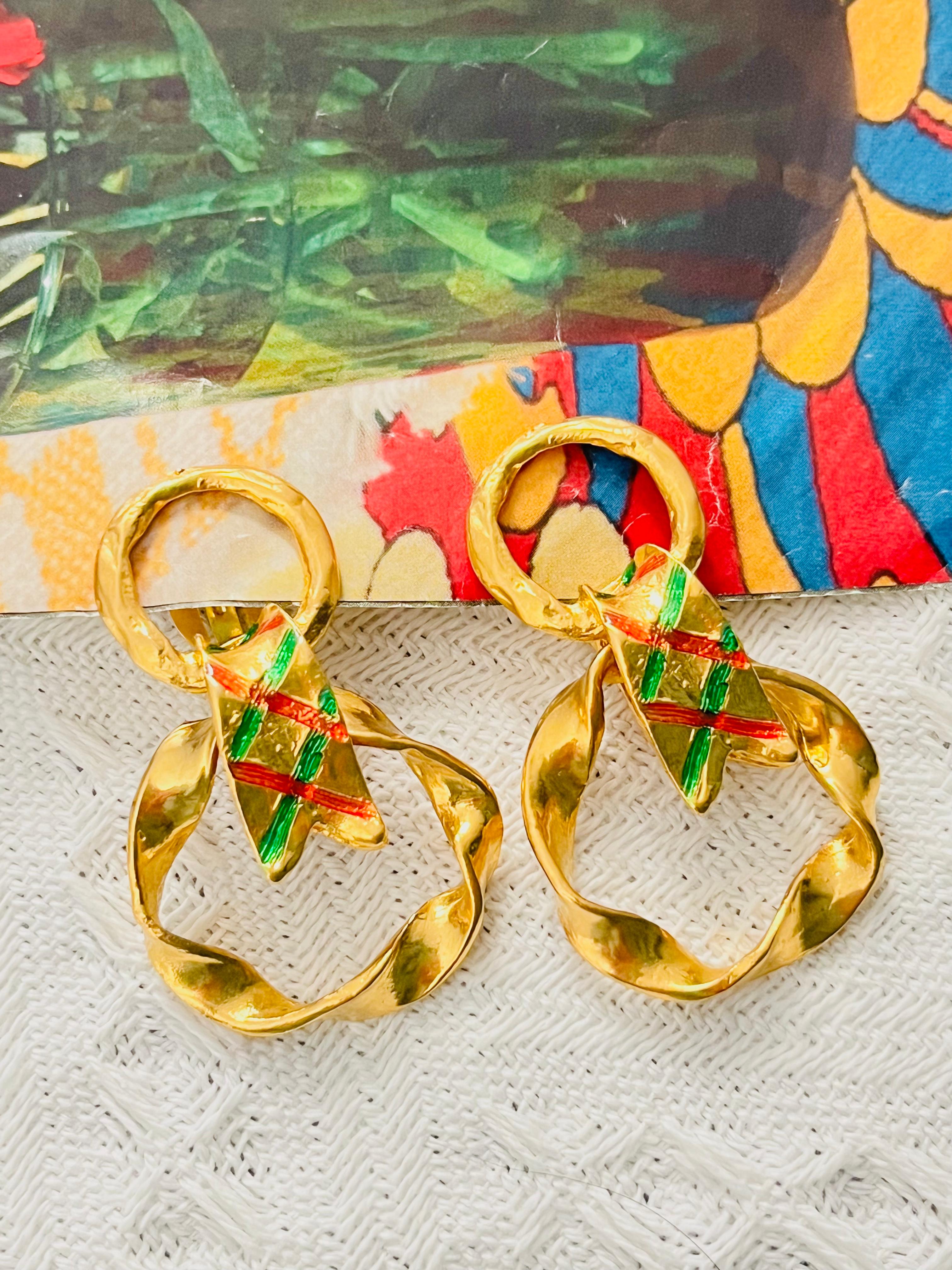 Yves Saint Laurent YSL Vintage Pendientes de aro con doble círculo verde y lazo rojo en Excelente estado para la venta en Wokingham, England