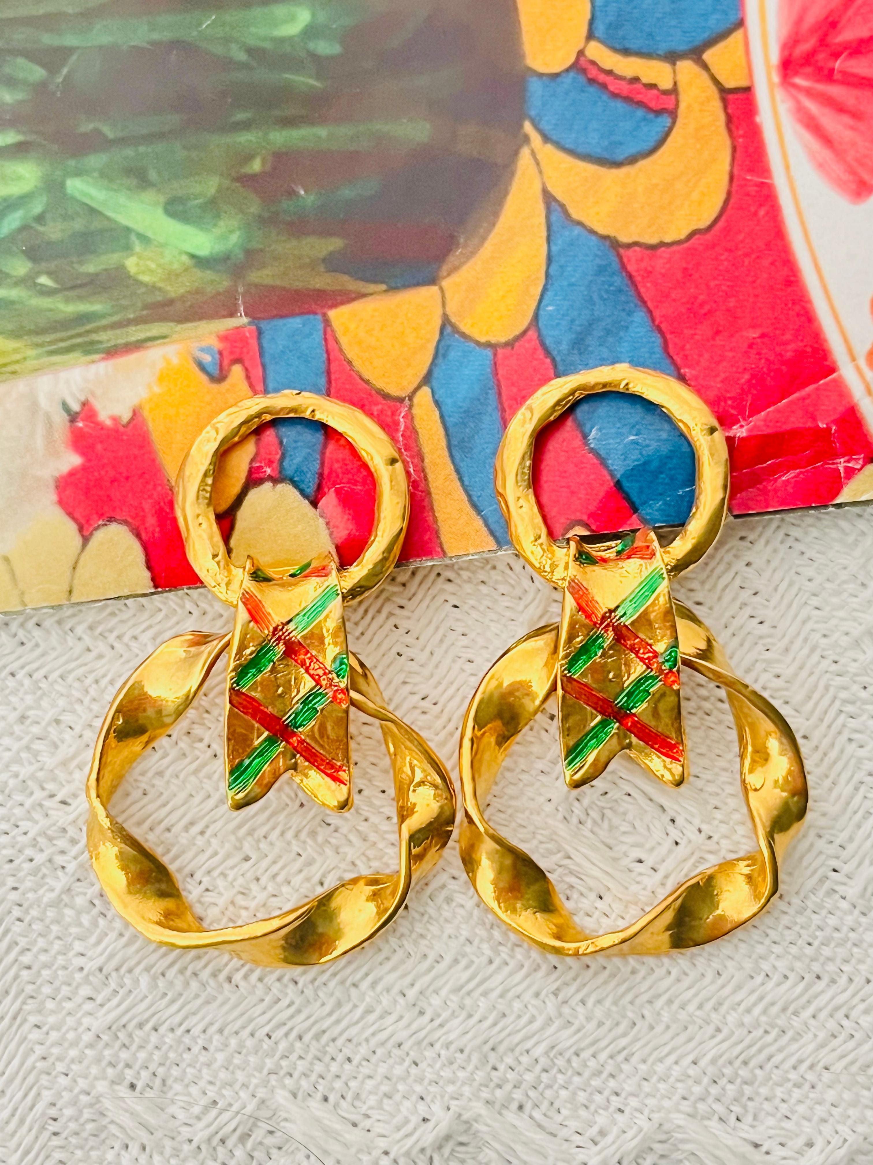 Femenino o masculino Yves Saint Laurent YSL Vintage Pendientes de aro con doble círculo verde y lazo rojo en venta